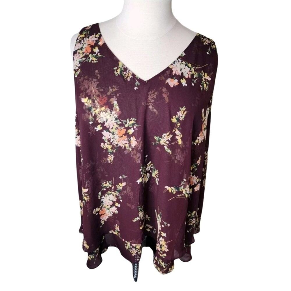 Lane Bryant Women 18 Burgundy Floral Layered Chiffon V-Neck Sleeveless Tank Top